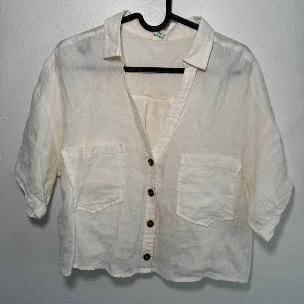 100% linen cropped button down blouse